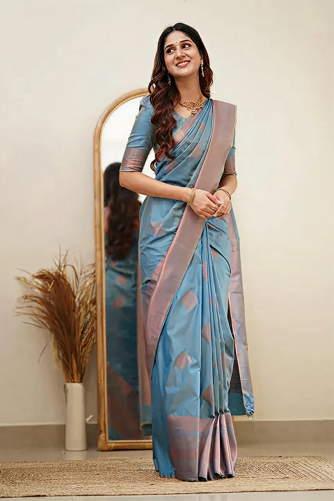 Serene Sky Blue Jacquard Saree – Elegant Woven Design for Festive & Party Wear