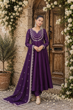 Wine Embroidered Vichitra Silk Anarkali Suit Set