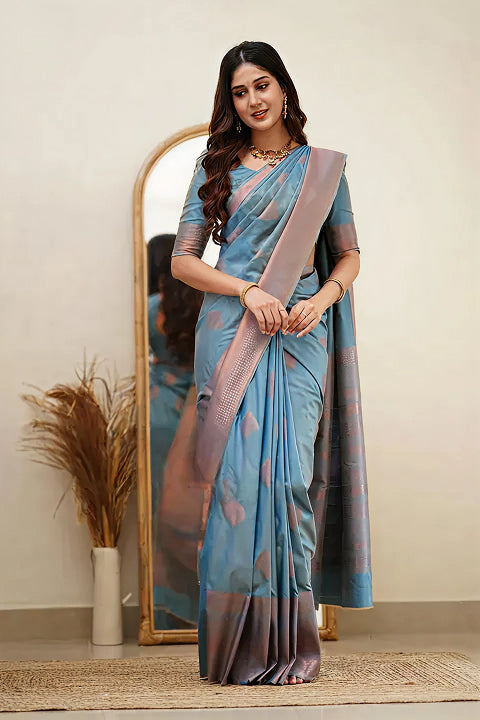 Serene Sky Blue Jacquard Saree – Elegant Woven Design for Festive & Party Wear