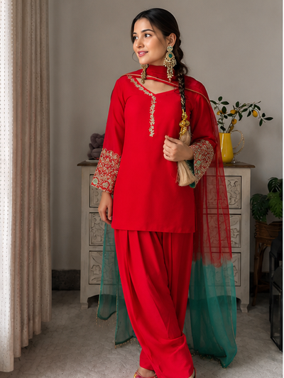 Red Embroidered Kurta Pant Set