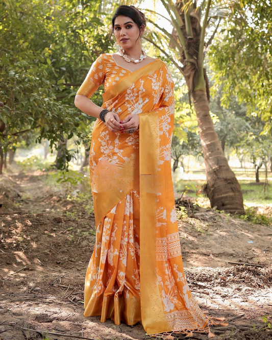 Adorning Yellow Colored Jacquard Silk Saree