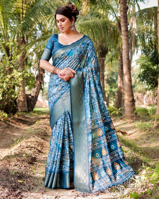Dazzling Blue Colored Jacquard Silk Saree With Zari Border Blouse