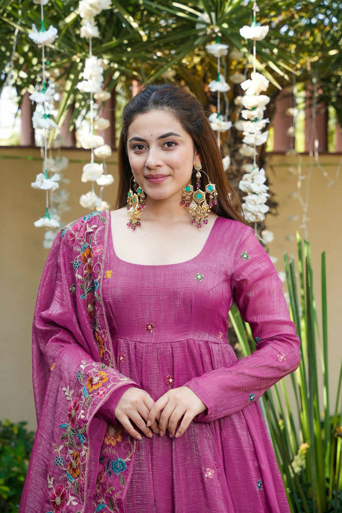 Royal Fuchsia Cruncy Silk Anarkali Suit Set