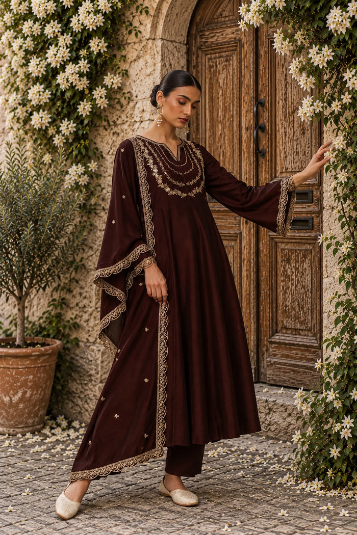 Brown Embroidered Vichitra Silk Anarkali Suit Set