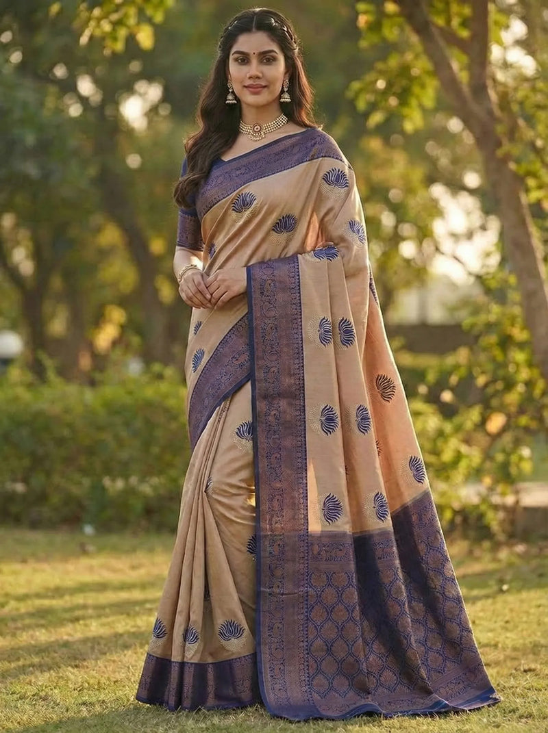 Peach & Navy Blue Dual-Tone Jacquard Silk Saree with Elegant Woven Design