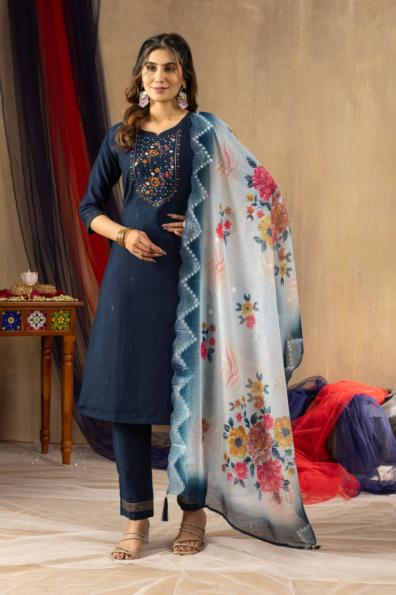 Aarohi Viscose Navy Blue Embroidered Kurta Pant Set