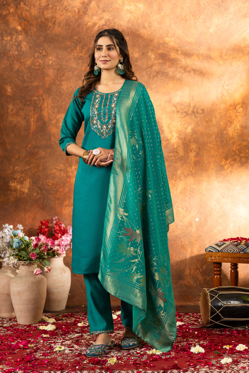 Meher Rama Green Marina Silk Embroidered Kurta Pant Set