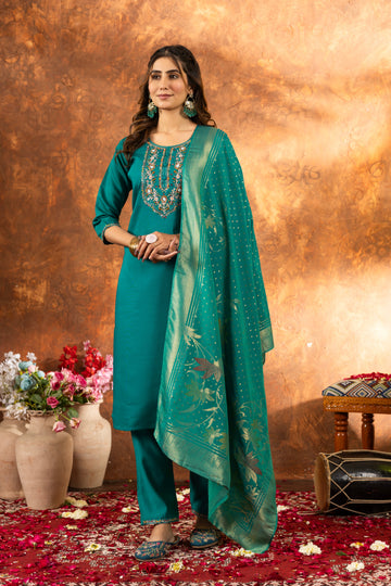 Meher Rama Green Marina Silk Embroidered Kurta Pant Set