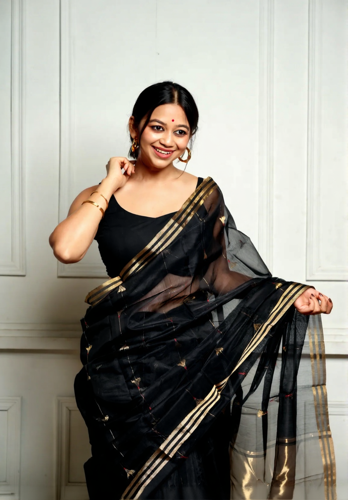 Elegant Black Cotton Silk Saree – Soft Linen Feel with Rich Jacquard Pallu