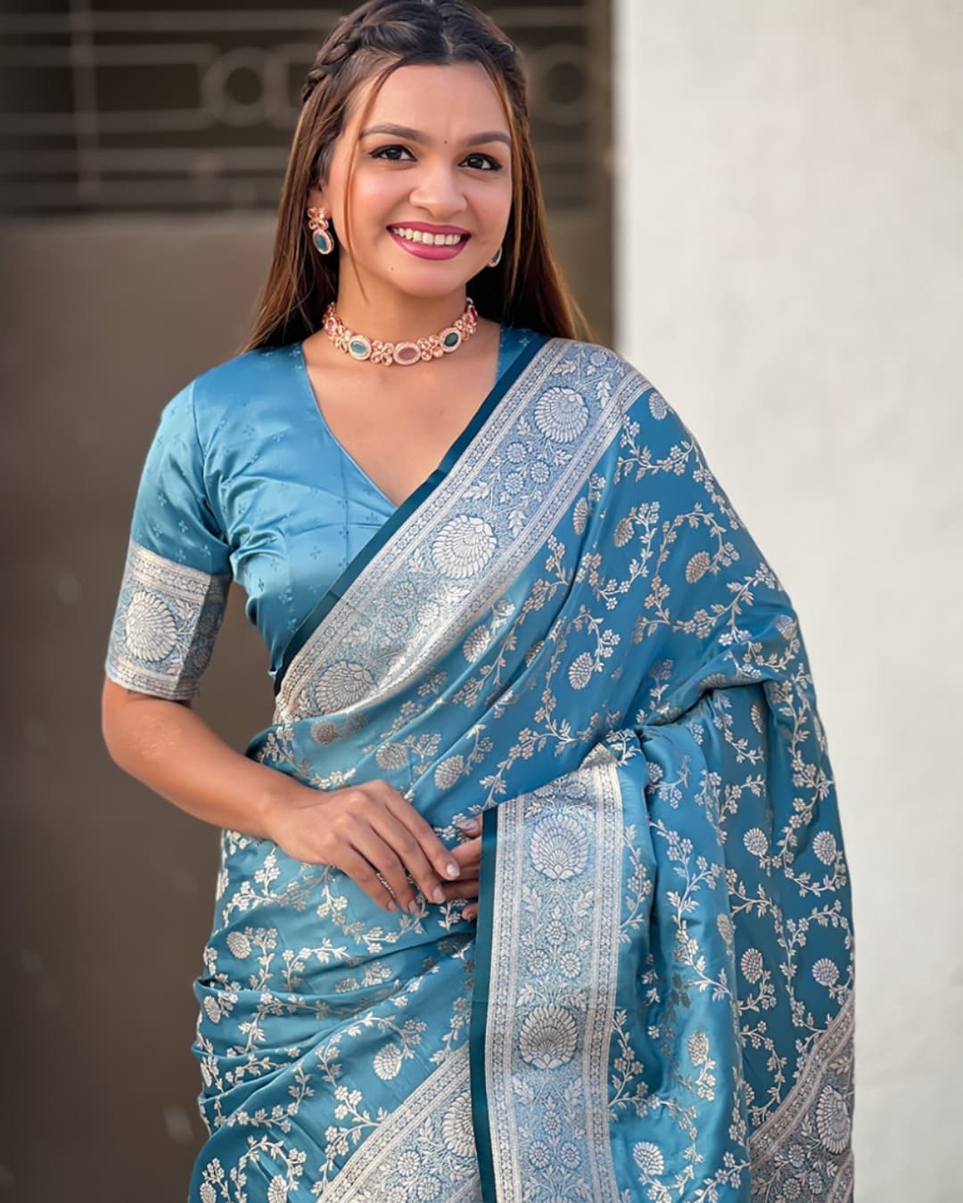 Sky Blue Jacquard Saree