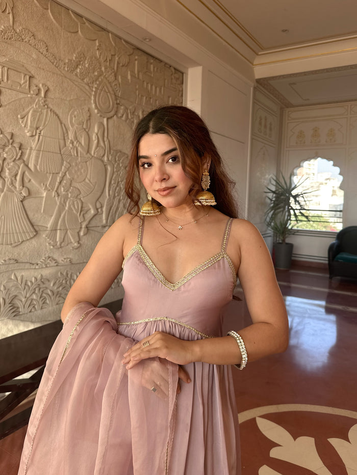 Dusty Pink Tabby Organza Anarkali Suit Set