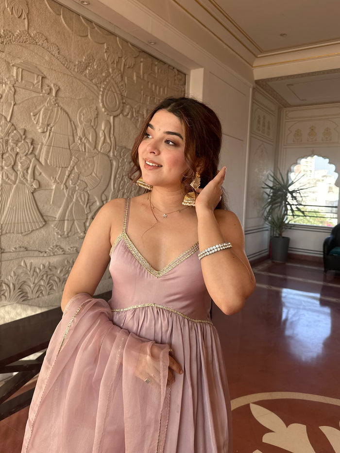 Dusty Pink Tabby Organza Anarkali Suit Set