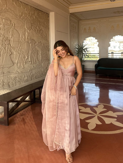 Dusty Pink Tabby Organza Anarkali Suit Set