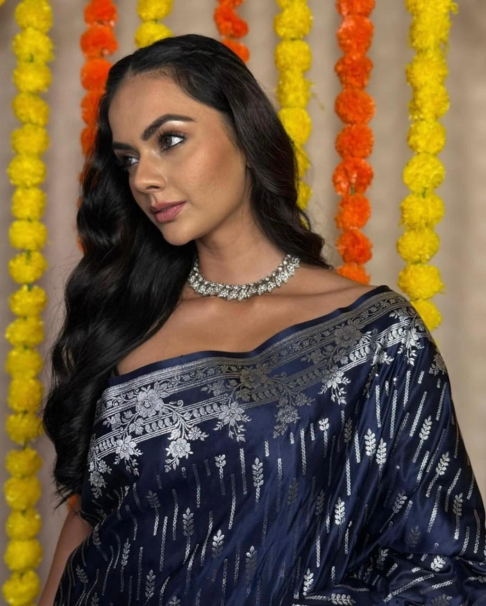 Dark Blue Jacquard Saree for Royal Festive & Party Wear Elegance