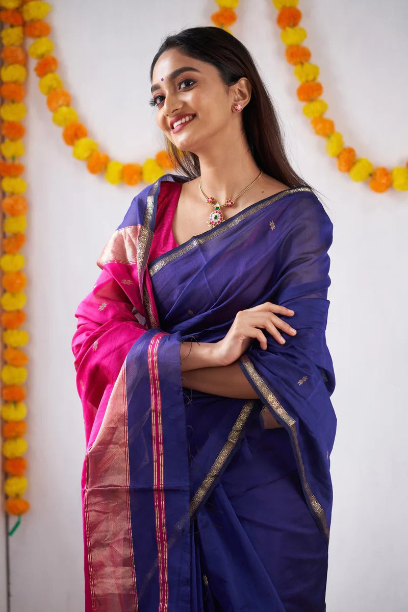 Blue Pink Jacquard Saree