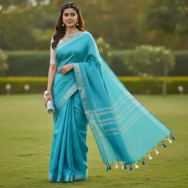 Sky Blue Colour Women's Plain Linen Saree
