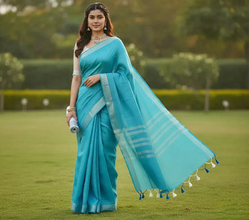 Sky Blue Colour Women's Plain Linen Saree With Party Wear
