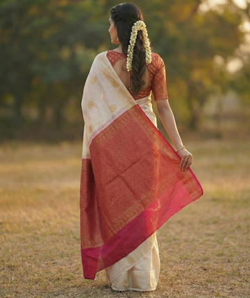 White & Red Jacquard Saree for Women – Classic Festive Elegance