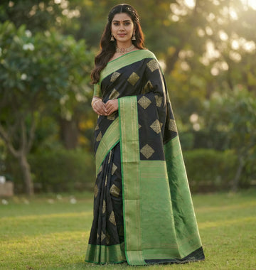 Black Green Jacquard Saree – Premium Festive Wear with Rich Traditional Detailing