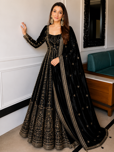 Black Crunchy Silk Embroidered Anarkali Gown Set