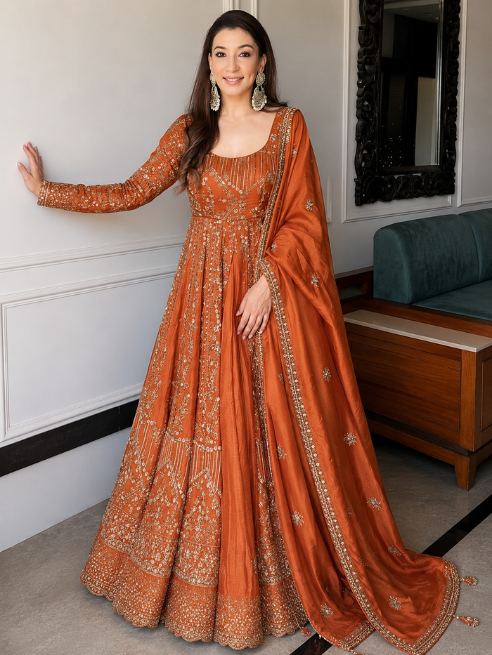 Orange Crunchy Silk Embroidered Anarkali Gown Set