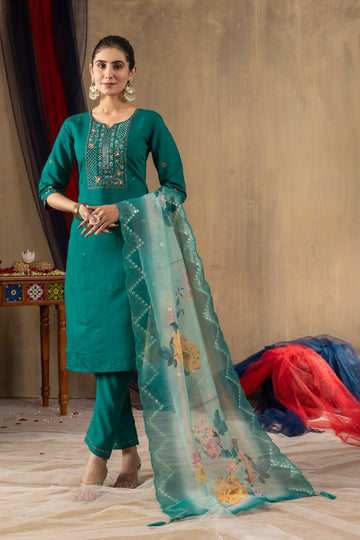 Rama Green Roman Silk Embroidered Kurta Pant Set