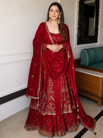 Red Crunchy Silk Embroidered Anarkali Gown Set