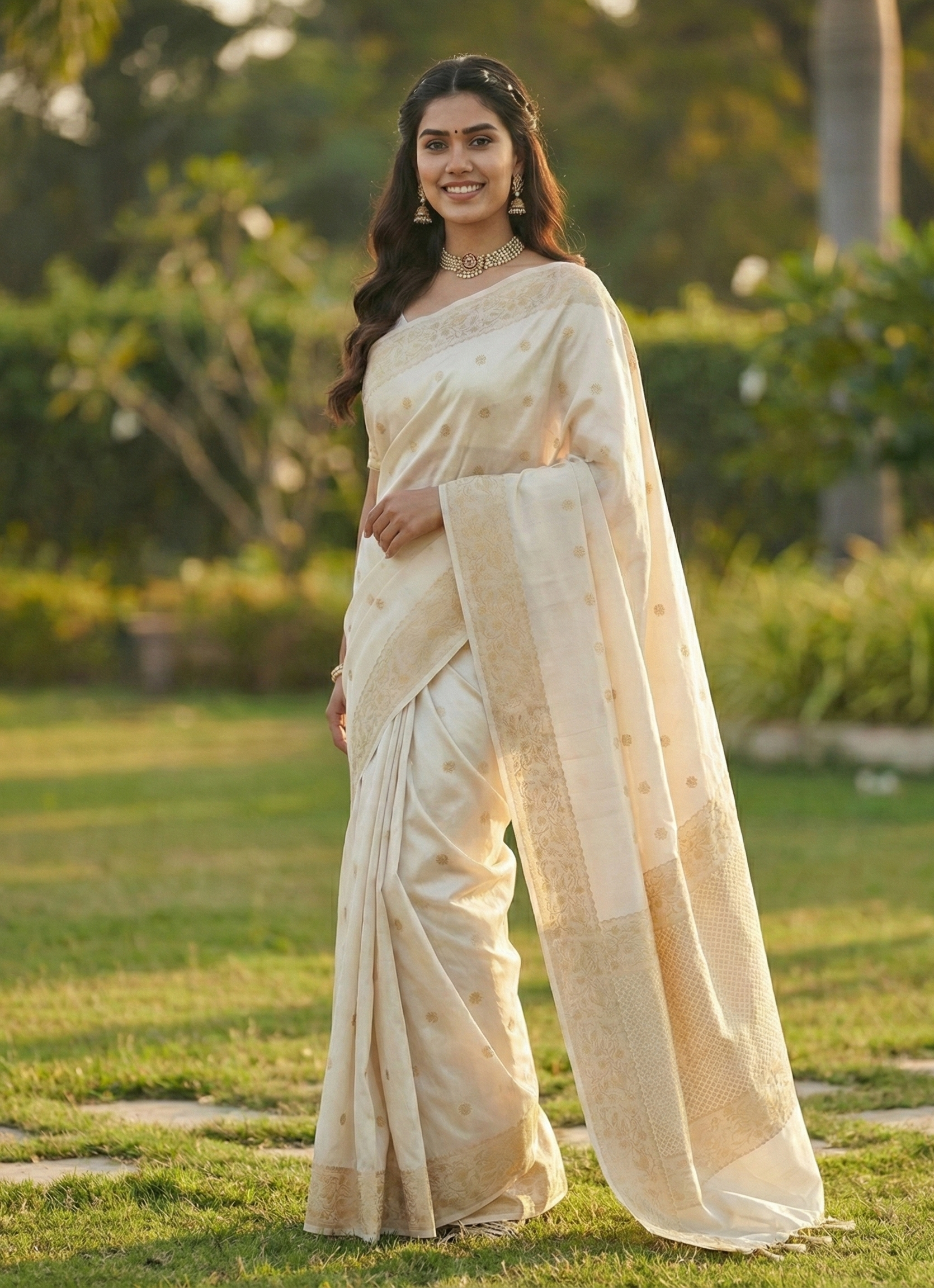 Elegant Cream Jacquard Sare