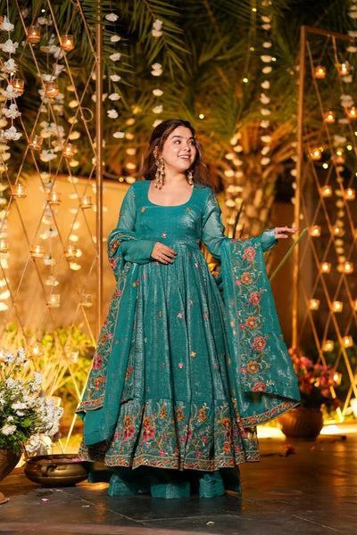 Emerald Teal Cruncy Silk Anarkali Suit Set