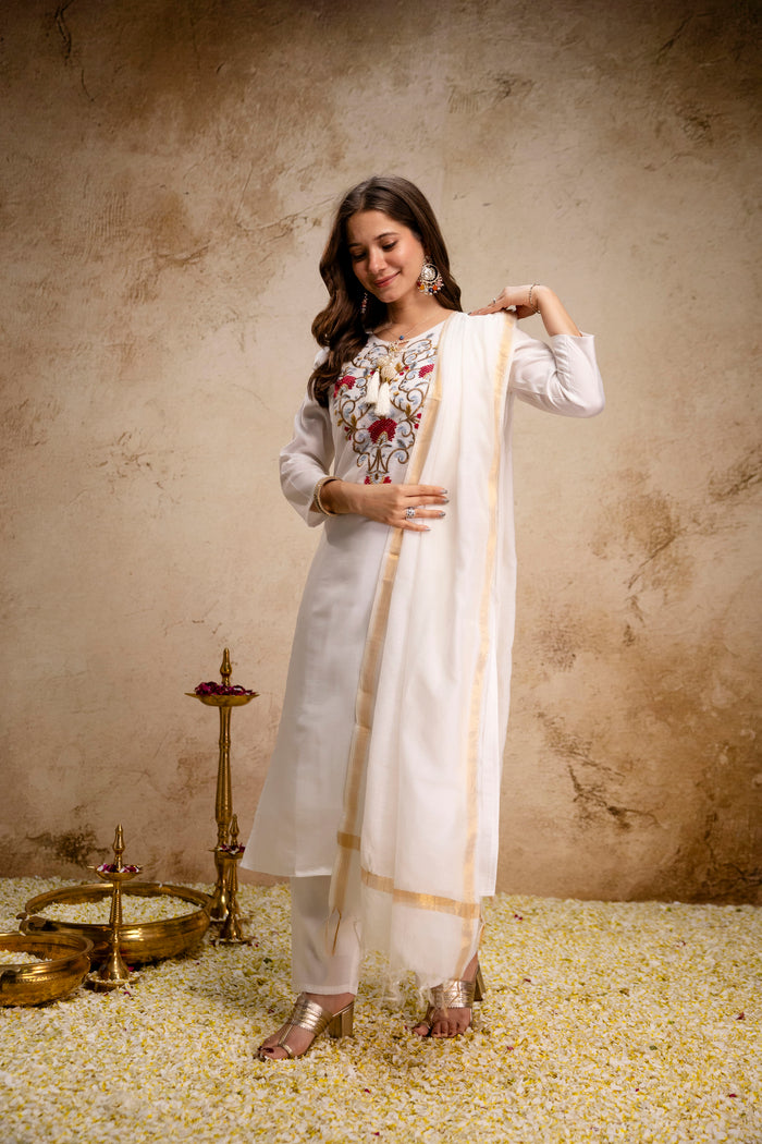 Off White Roman Embroidered Kurta Set