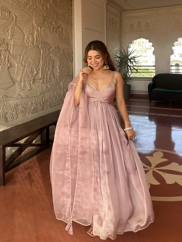 Dusty Pink Tabby Organza Anarkali Suit Set