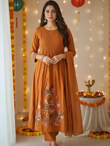 Aesthetic Mul Cotton Embroidery Madhavi Suit Set with Dupatta