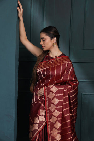 Dark Wine Red Jacquard Saree for Women – Premium Wedding & Festive Wear