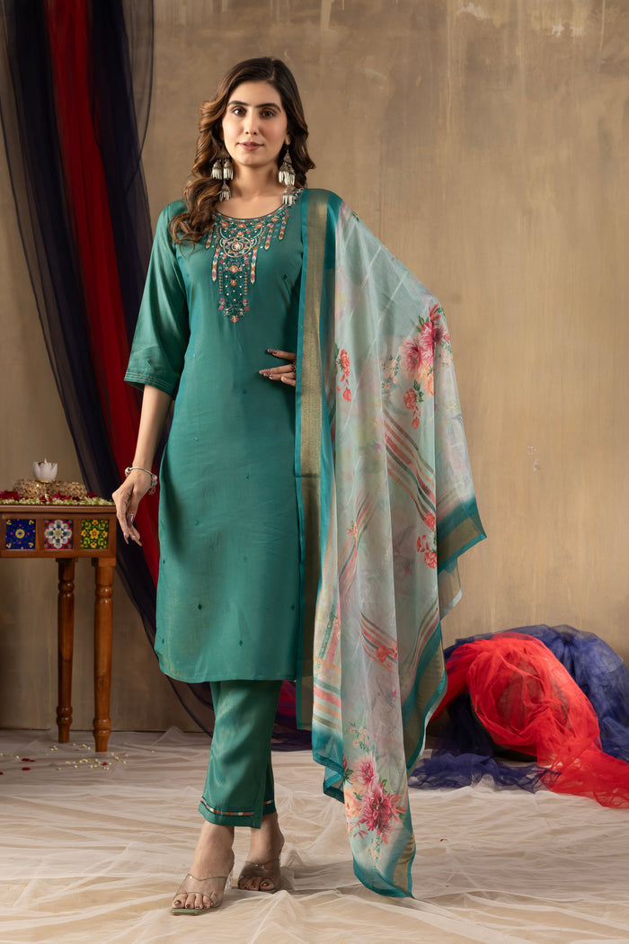 Rama Green Shimmer Gold Silk Embroidered Kurta Pant Set