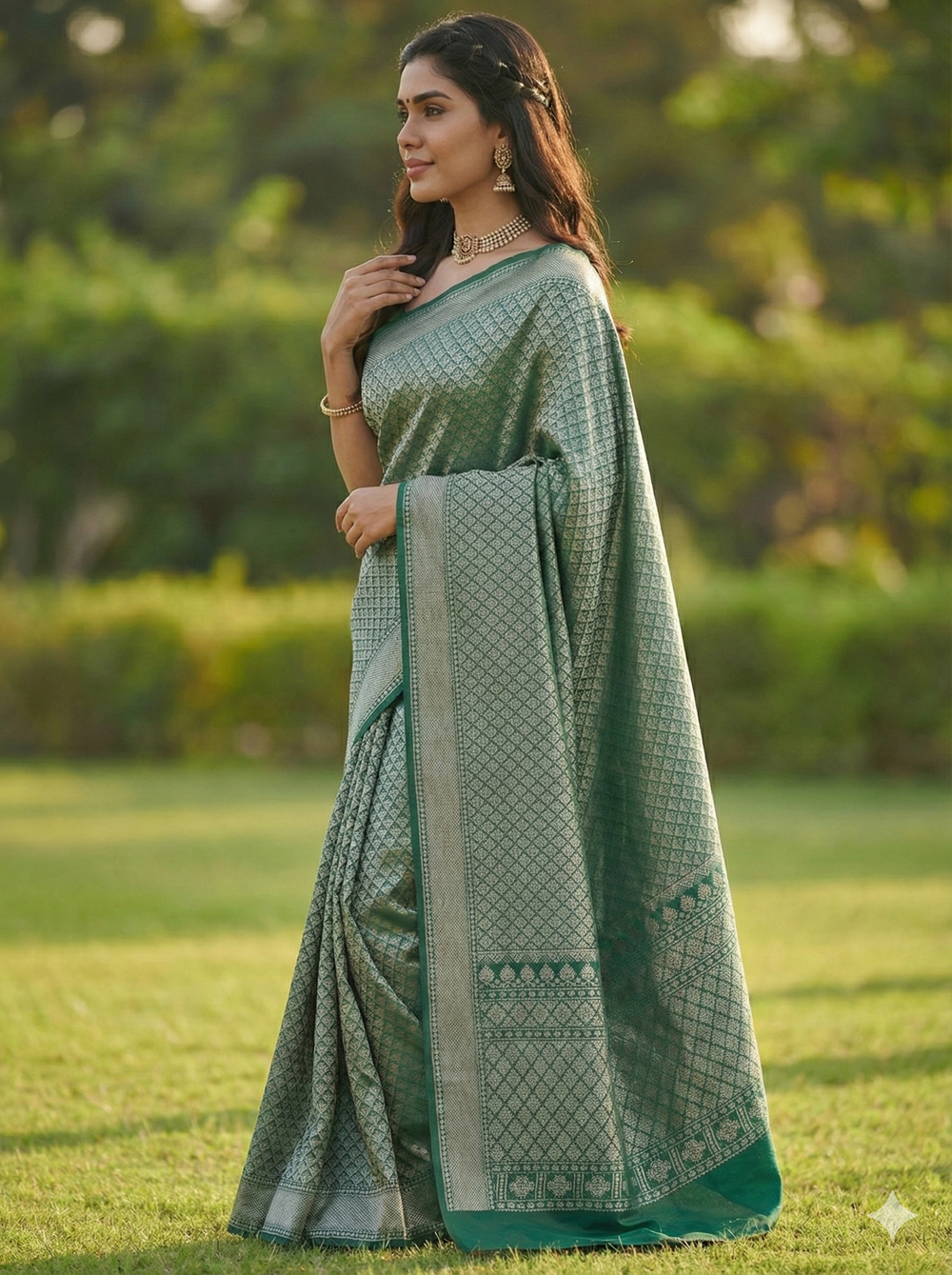 Green Jacquard Saree – Rich Traditional Weave & Festive Elegance