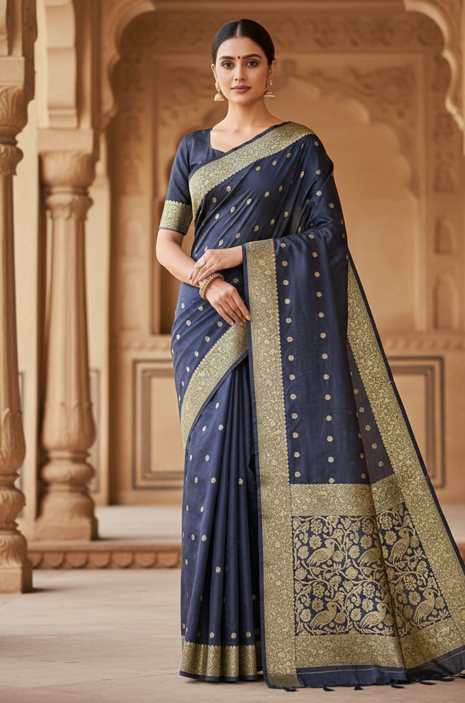 Navy Blue Jacquard Saree
