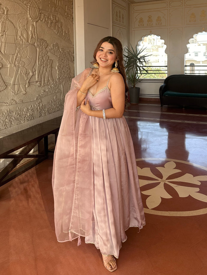 Dusty Pink Tabby Organza Anarkali Suit Set
