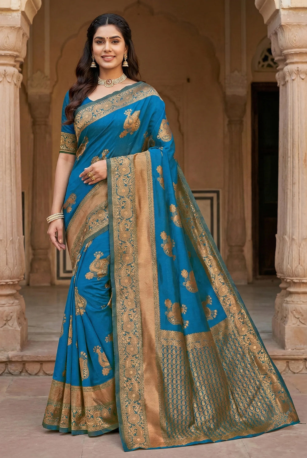 Refreshing Firoji Jacquard Silk Saree with Elegant Woven Motifs | Festive & Occasion Wear