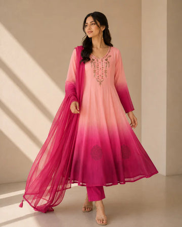 Pink & Magenta Embroidered Anarkali Suit Set