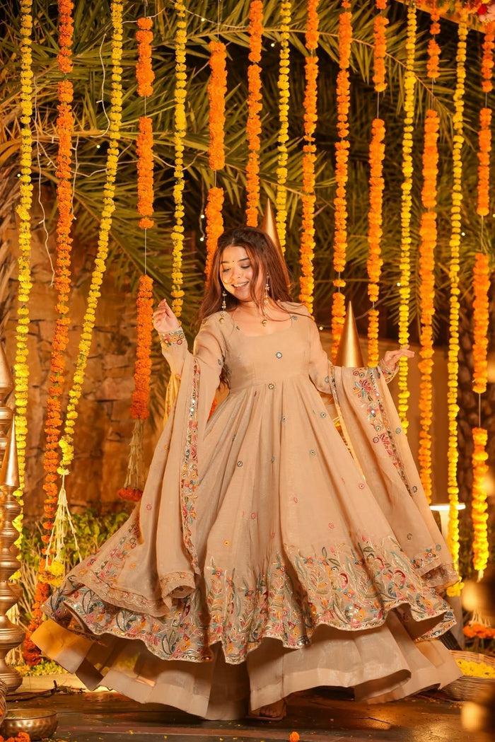 Beige Embroidered Anarkali Suit Set