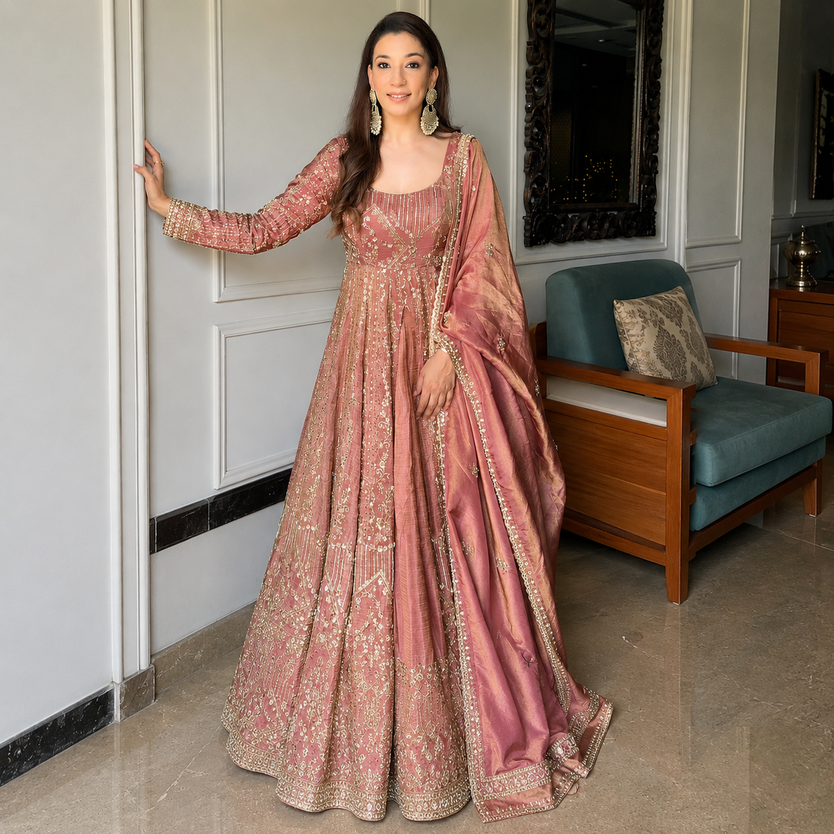 anarkali dress gold Rose Embroidered Gown Set with Dupatta for Women L Quantity:750 Seattle Special Occasion Gowns Beige Gold Work black beach dress