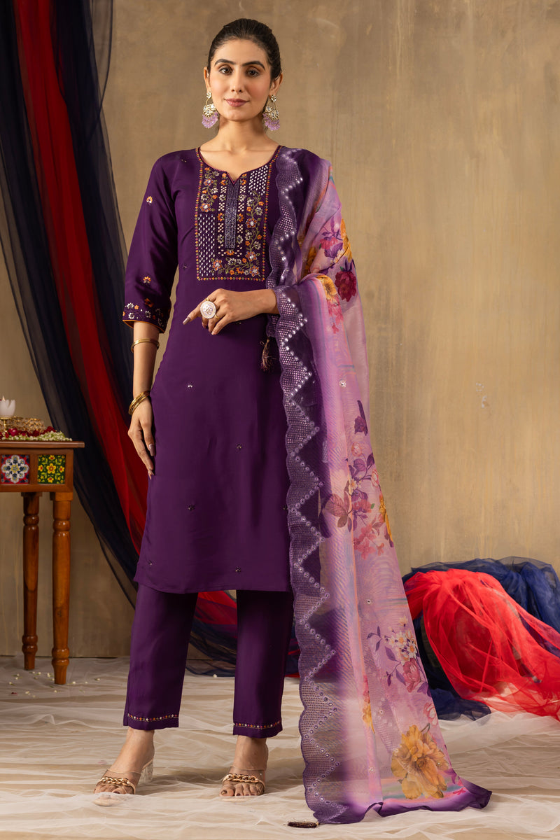Purple Roman Silk Embroidered Kurta Pant Set with Dupatta