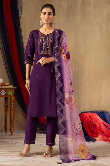 Purple Roman Silk Embroidered Kurta Pant Set with Dupatta