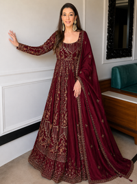 Maroon Crunchy Silk Embroidered Anarkali Gown Set