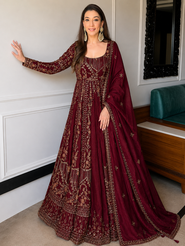 Maroon Crunchy Silk Embroidered Anarkali Gown Set