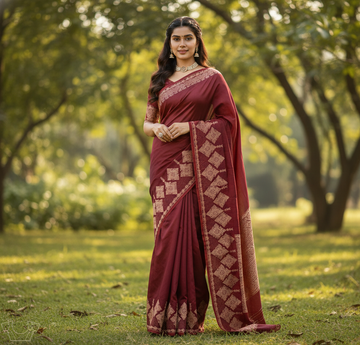 Dark Wine Red Jacquard Saree for Women – Premium Wedding & Festive Wear