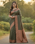 Mahendi Green Jacquard Saree – Elegant Woven Detailing & Festive Traditional Style