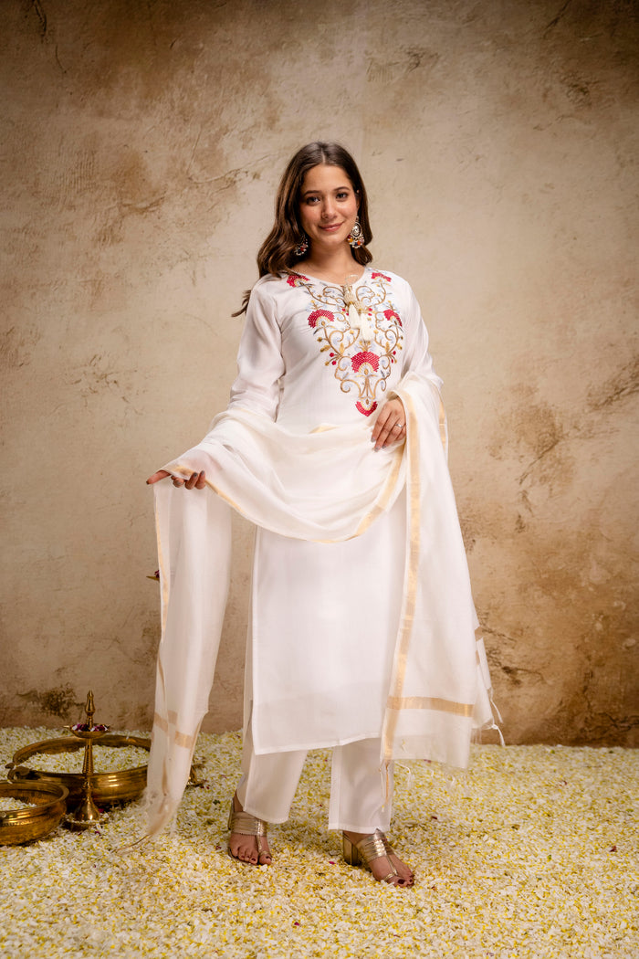 Off White Roman Embroidered Kurta Set