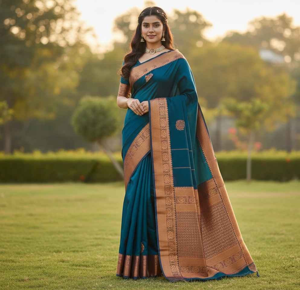Elegant Teal Blue Jacquard Saree