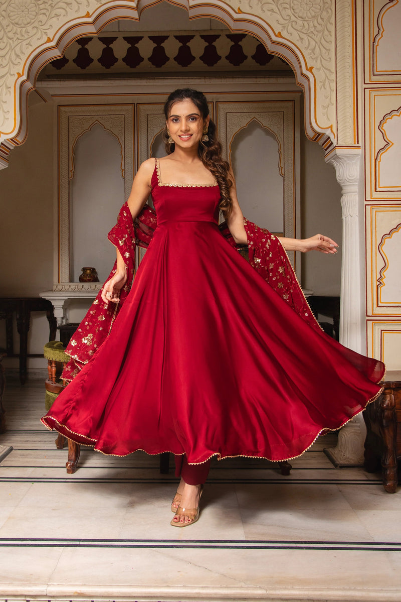 Red Satin Anarkali Suit Set with Embroidered Georgette Dupatta